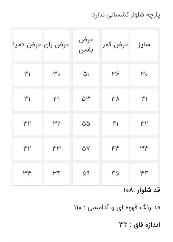 راهنمای سایز